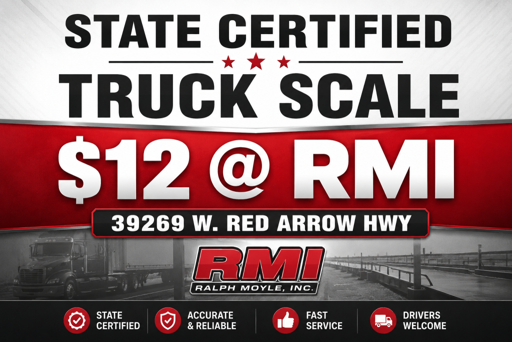Infographic showing Ralph Moyle's certified truck scale available for public use at its Paw Paw, Michigan warehouse.
